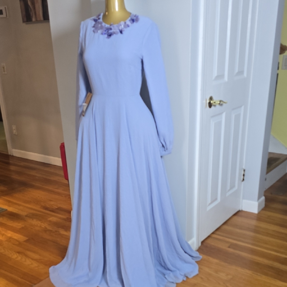Lavender Long-Sleeve Maxi Dress with Floral Neckline